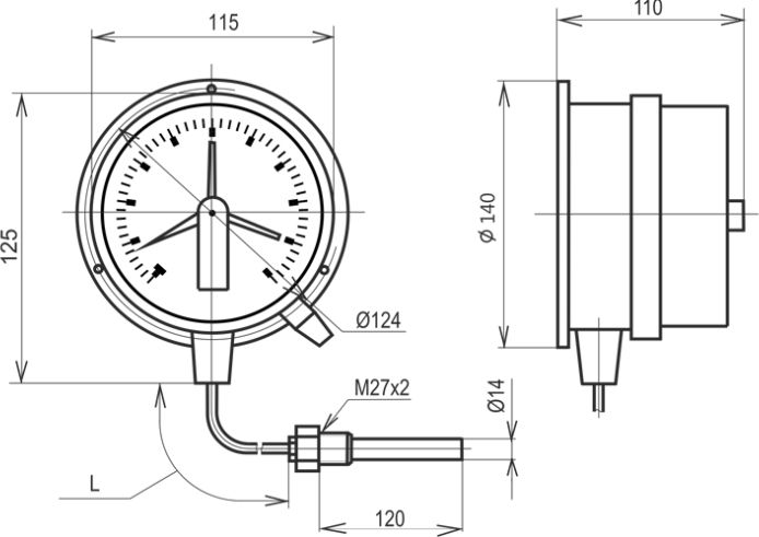 Термометр манометрический сигнализирующий 0-120 °С, НР100 мм, капилляр 2,5 м TMP100S2K5G120 фото