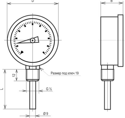 Термометр біметалевий 0 - 160 °С радіальний НР63 мм, L=50 мм TB63R160L50 фото